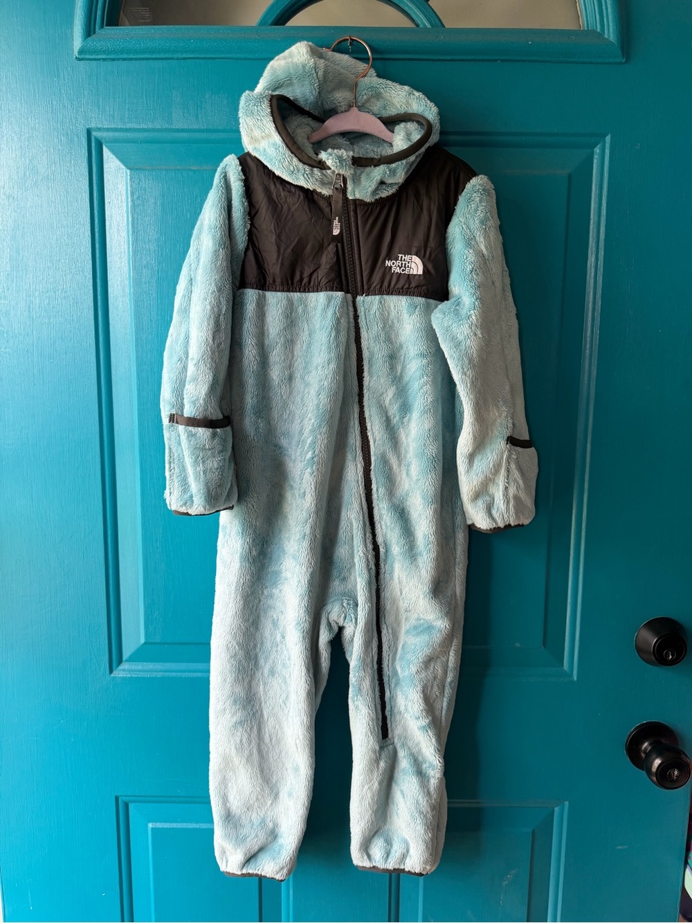 The North Face Kids' Light Blue Fleece One-Piece Hooded Snowsuit